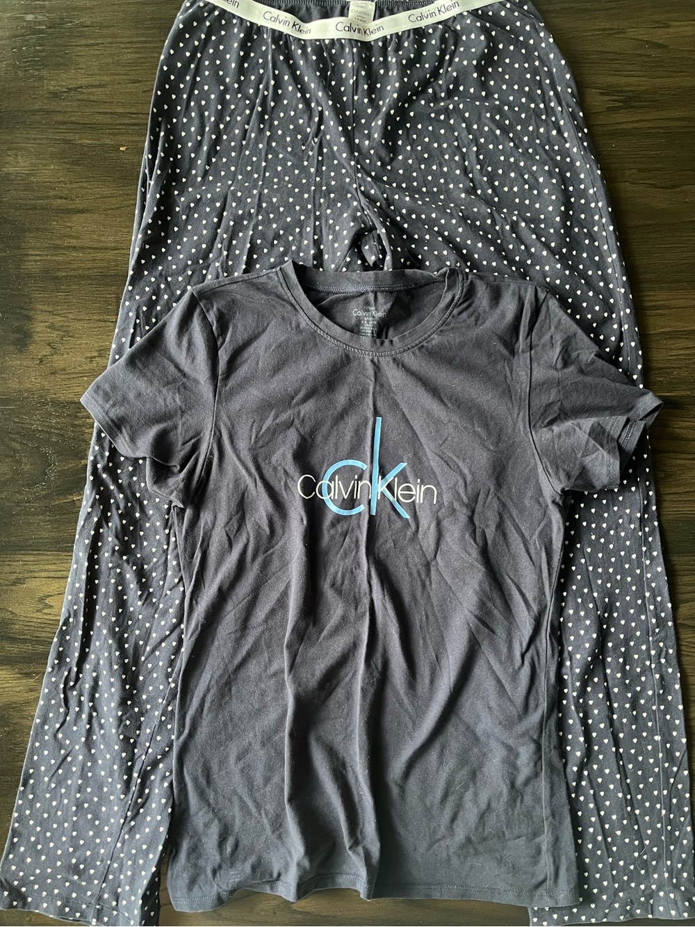 Calvin Klein Blue Logo Pajama Set with Tiny White Hearts